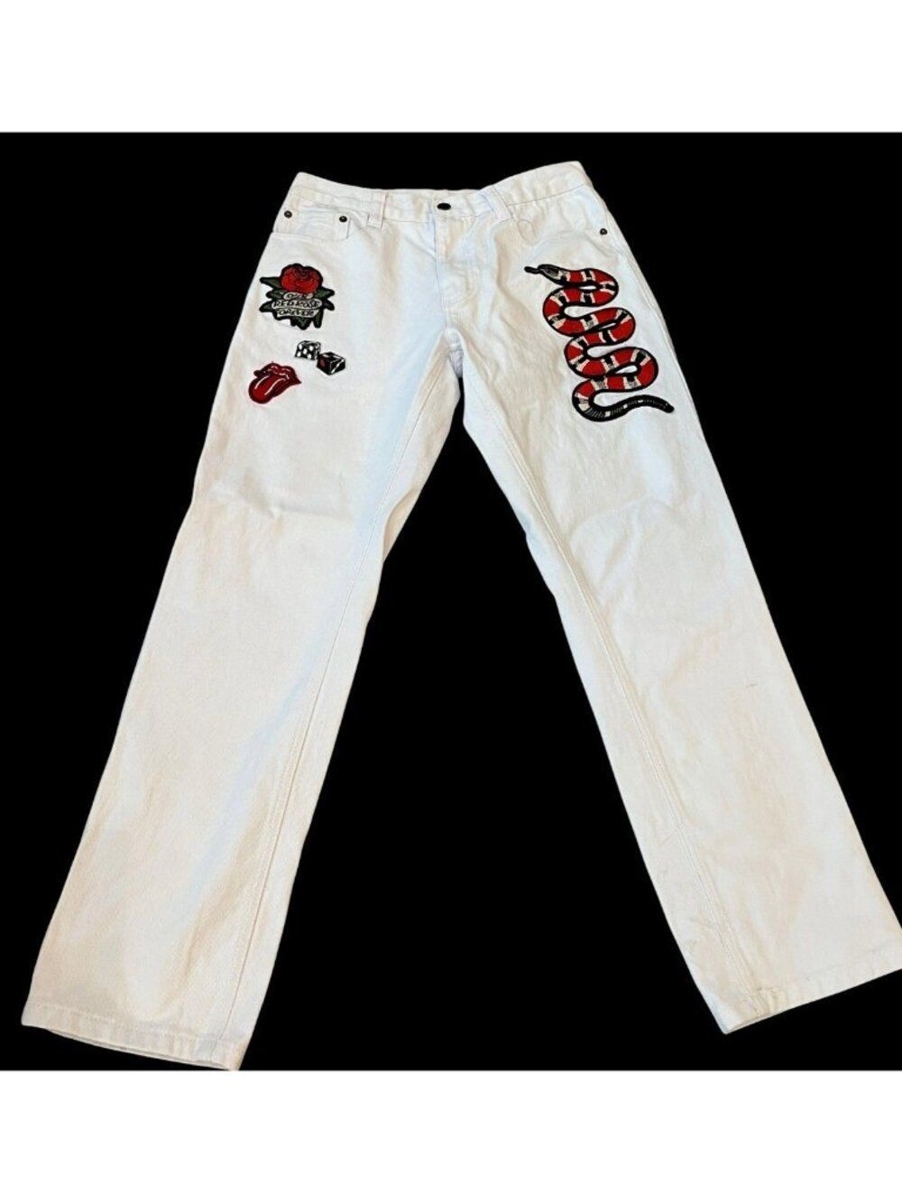 Mens Size 30 x 28 White Denim Jeans Coral Snake Red Rose Applique Maxi Milian
